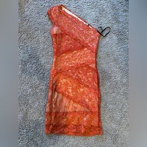Bebe Lace One-Shoulder Dress - Coral| size small